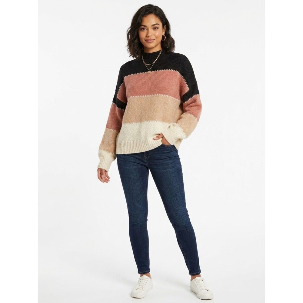 Elan Womens Striped Colorblock Mock Neck Knit Pullover Sweater Size S
